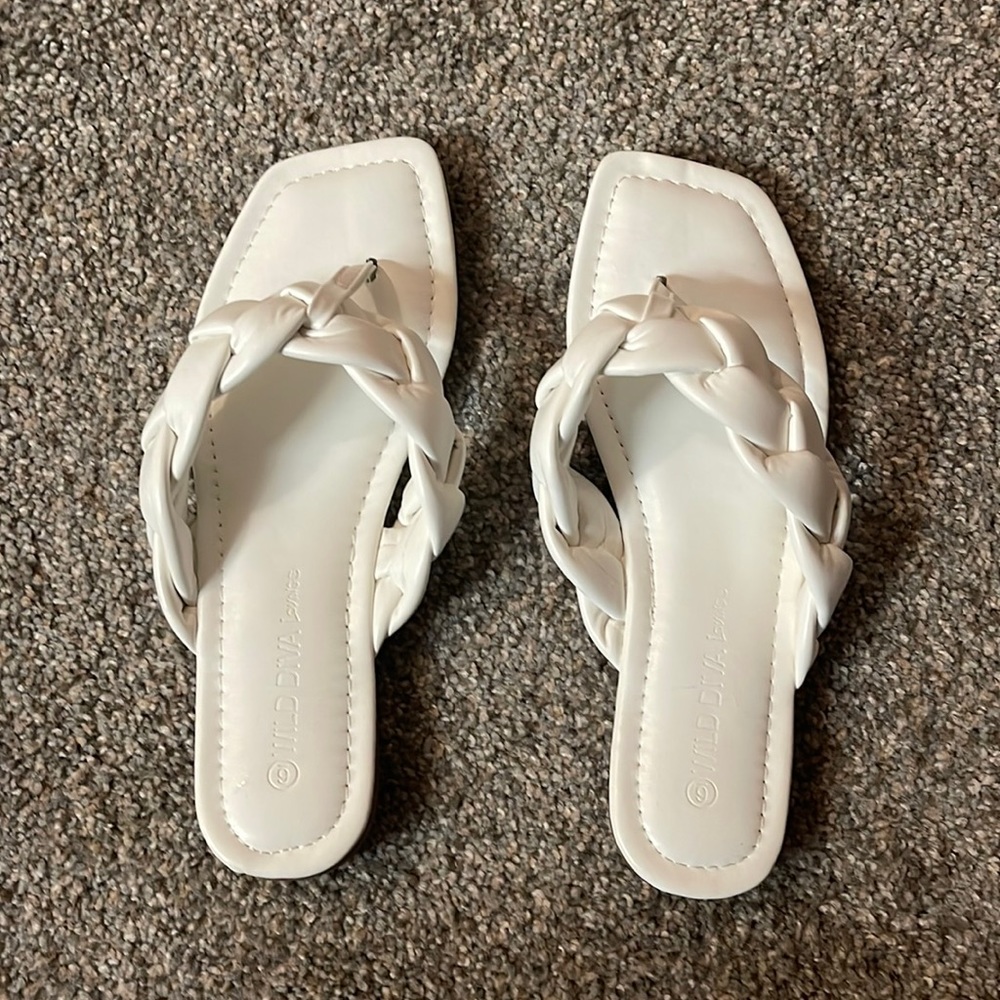 Braided Faux Leather White Thong Sandals
